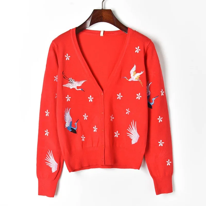 Женский вязаный кардиган с вышивкой журавль и цветов свитер v-образным вырезом