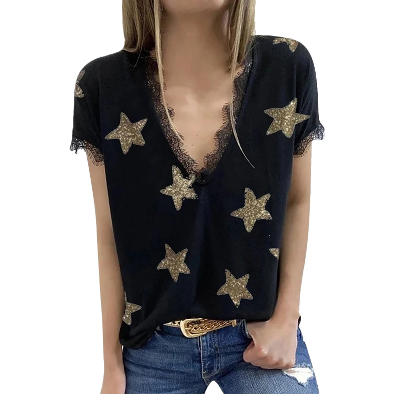 

Wholesale Women Hot Style Five-pointed Star Print Loose Short-sleeved T-shirt Women Lace Stitching V-neck Pullover Free Shipping