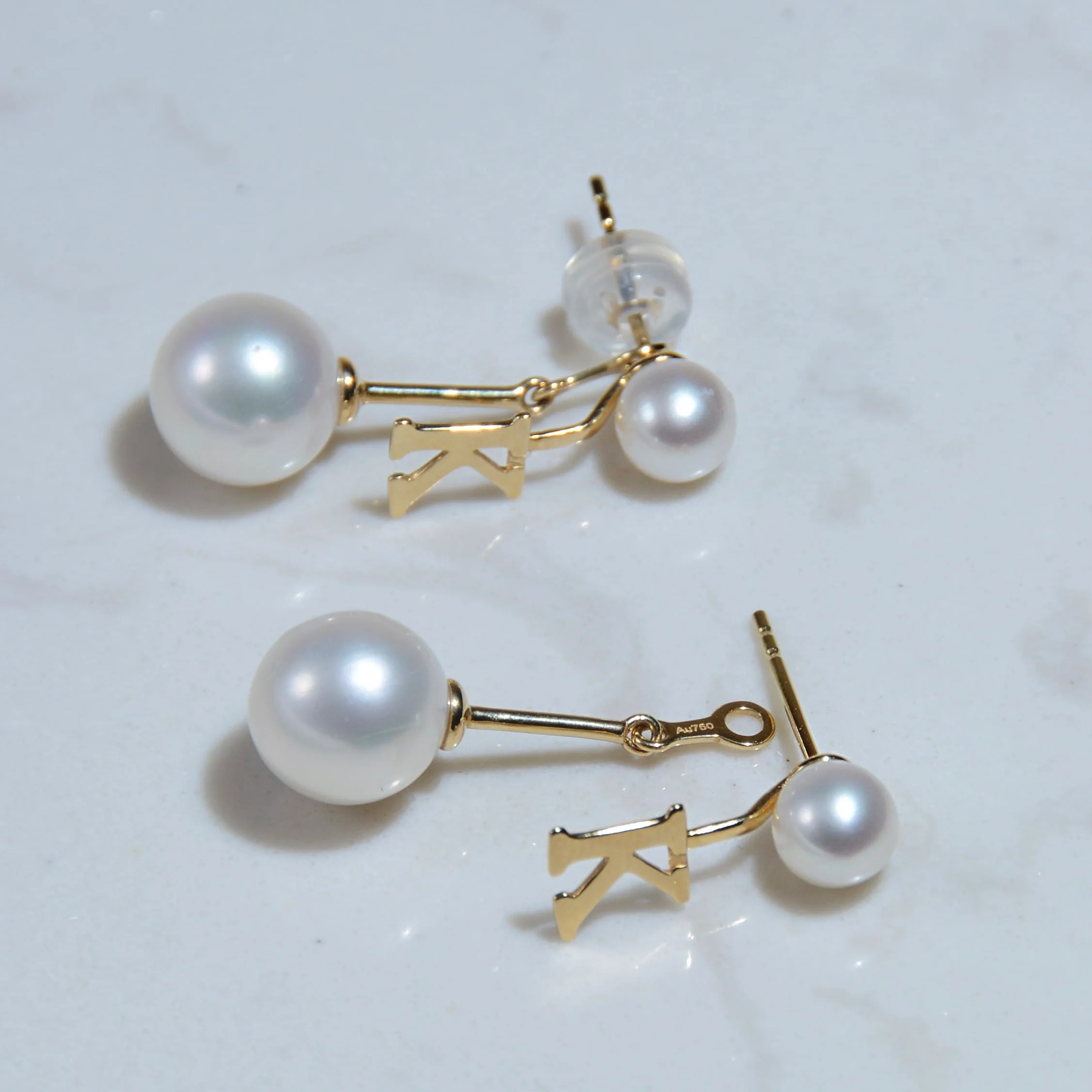 

18K Solid Yellow Gold Jewelry(AU750) Women Letter Pearl Earrings Dual use Natural Freshwater Pearl Fashion Romantic Lady