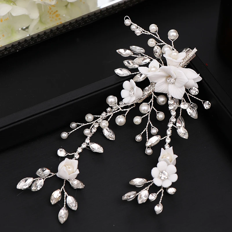 New Silver Color Crystal Barrettes Pearl Rhinestone Flowers Hairgrips For Wedding Bride Women Tiara Hair Clips Accessories | Украшения и
