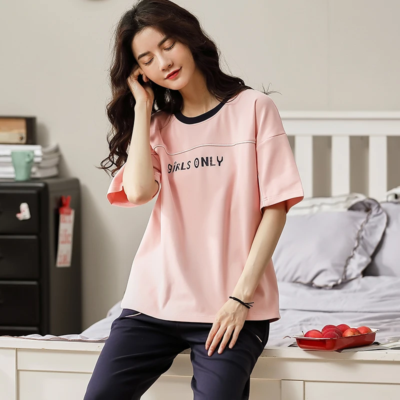 Женский пижамный комплект с коротким рукавом 100% хлопок одежда для сна девочек