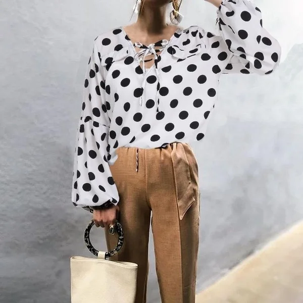 

Women Polka Dot Striped V Neck Long Sleeve Tops Casual Shirt Blouse Plus Size