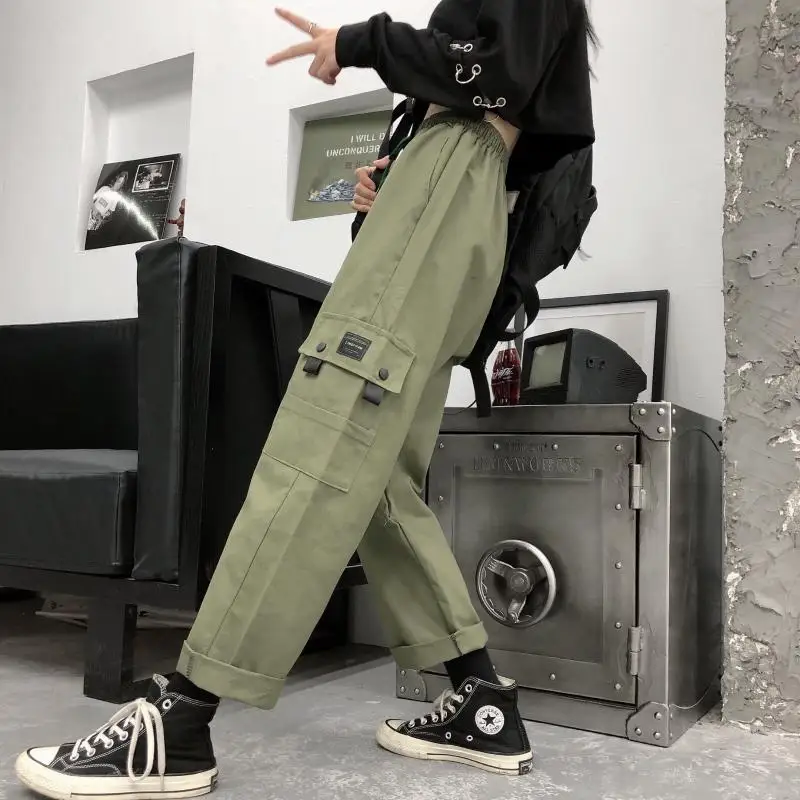 

Pants Women Drawstring Elastic Waist Womens Korean Style Cargo Trousers All-match Korean Style Leisure Daily Pocket Streetwear
