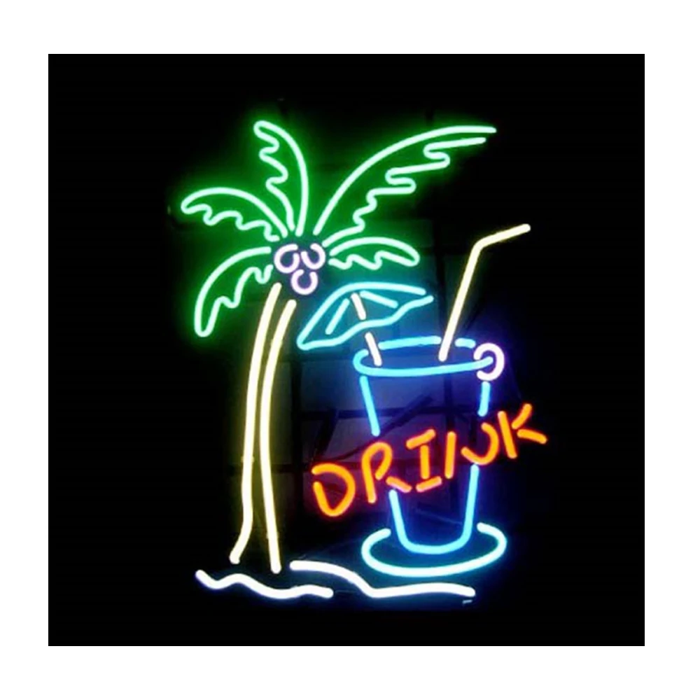 

Custom Drink Palm Tree Handmade Real Glass Tube Bar KTV Motel Shop Store Advertise Decoration Display Sign Neon Light 20"X24"