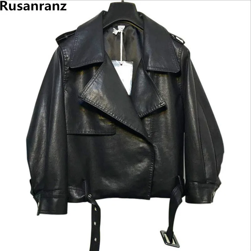 Женская свободная куртка из ПУ кожи с рукавами фонариками в Корейском стиле