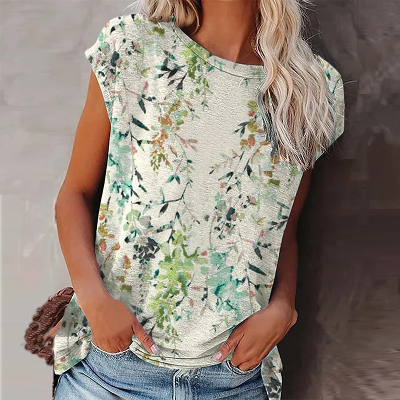 

Women Fashion Casual Round Neck Sleeveless Blouse Shirt 2021 Summer Elegant Floral Print Tops Pullover Female Loose Shirt Mujer