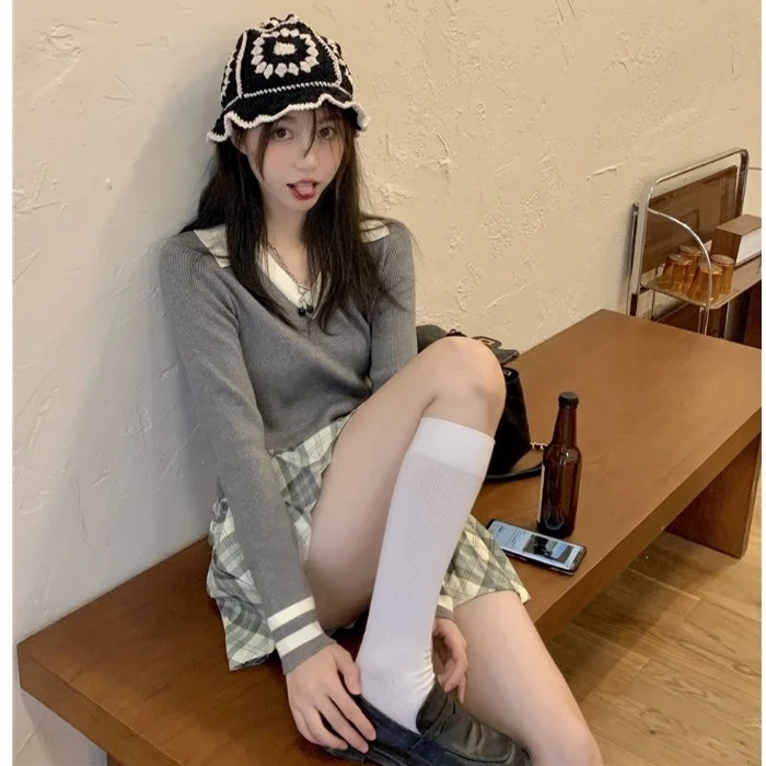 Осень 2021 воротник поло в стиле пэчворк имитация двух частей шерстяной свитер