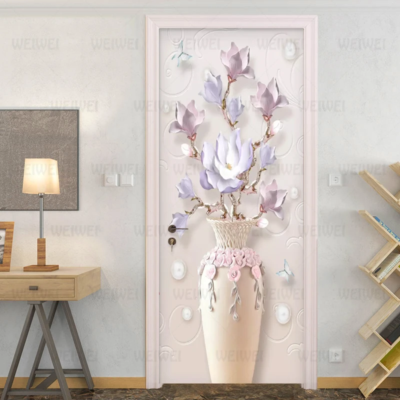 Modern Simple Door Sticker Embossed Vase Flowers Photo Wallpaper 3D Living Room Bedroom PVC Self Adhesive Waterproof Wall Papers