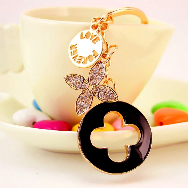 

New Style Beautiful Stone Oil Drip Crystal Key Chain Four Leaf Flower Lovers Keychain Metal Pendant Bag Accessories Keyring Gif