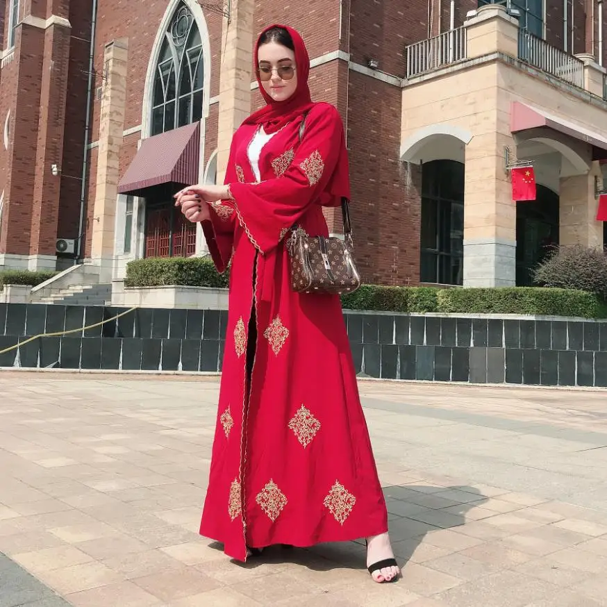 

Musulman Abayas Ramadan golden line embroidery kimono muslim Abaya Hijab Muslim Dress female big swing Islamic Kaftan Robe