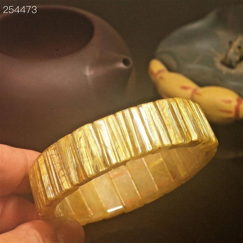 

Genuine Natural Gold Rutilated Quartz Bracelet Brazil Titanium 19*6mm Rectangle Beads Luxury Bracelet Bangle AAAAAA