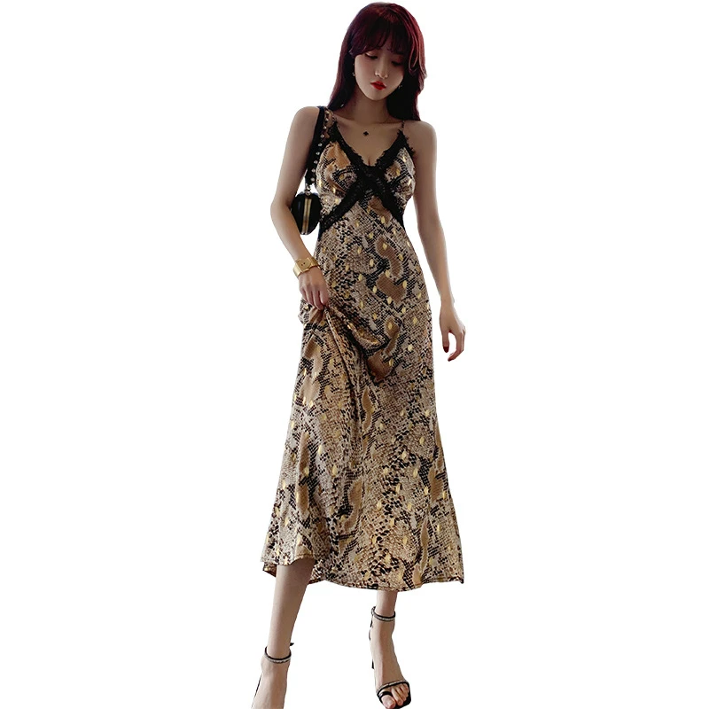 

Woman Lace Patchwork Backless Spaghetti Strap Dress Summer Sexy Print Leopard Dress Ladies Fashion Dress for Women Clothing 2020