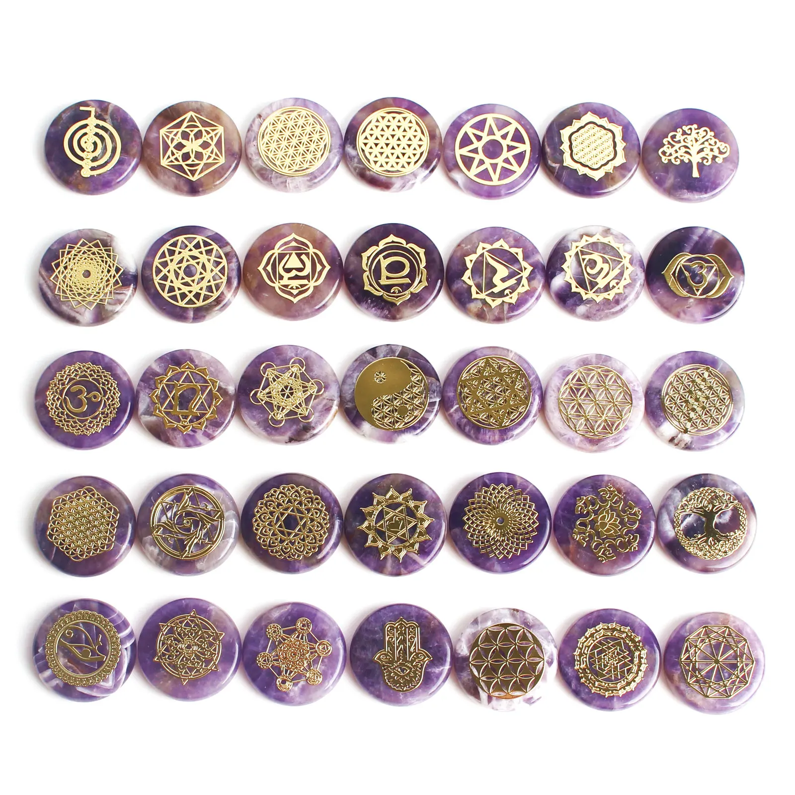 1PC Natural Rune Stones Chakras Crystal Gold Fortune telling Divination Amethyst Agate Pendant Round Copper Metal Sticker Decor|Камни| |