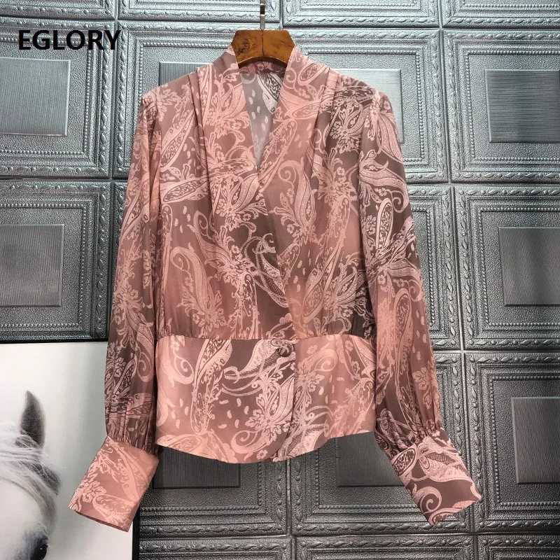 

Blusas Feminino 2021 Spring Summer National Silk Blouses Women V-Neck Vintage Print Long Sleeve Elegant Tops Shirt Female