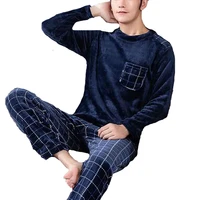 men flannel warm pajamas sets sleepwear thick printed stripes long sleeve trousers casual fleece coral autumn winter suit