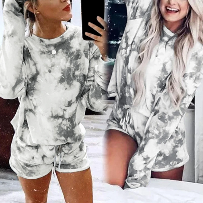 

Mujer Lounge Wear Shirts Long Sleeve Two Piece Set Shorts Women Ensemble Femme Tie Dye Pijama Camisetas Summer 2022