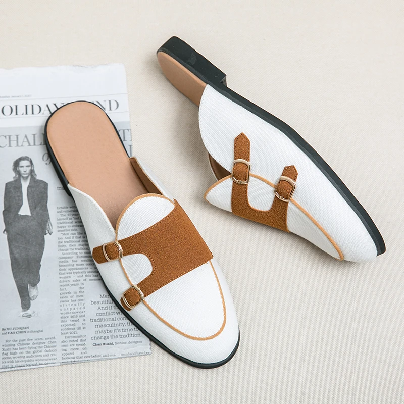 

Canvas Leather Shoes Men Casual Luxury Brand Handmade Muller Loafers Men Slip on Flats Driving Dress Shoes Half Slippers 38-48