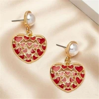 fashion simple red heart shaped pearl earrings drop earrings for women romantic wedding female jewelry