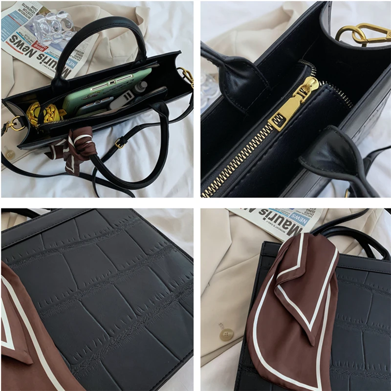 

Retro Stone Pattern Big Handbags For Women Unique Design Scarf Tote For A4 Work High Quality PU Leather Shoulder Crossbody Bags