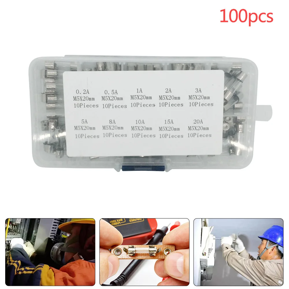 100 шт./компл. 5x20 мм Стеклянная трубка предохранителей быстро свечение Картридж