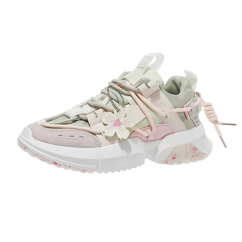 

Women Dad Shoes Student Women Chunky Sneakers Vulcanized Shoes Trend Flower Lacing Patchwork Thick Sole Casual Spring white