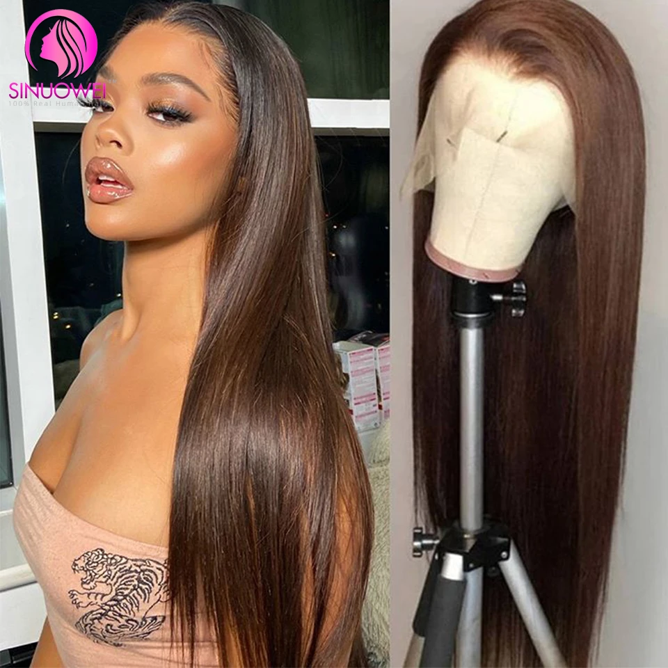 13X4 Bone Straight Human Hair Wigs For Women Brown Color Straight 4X4 Lace Closure Wig PrePlucked 13x1 Transparent Part Lace Wig