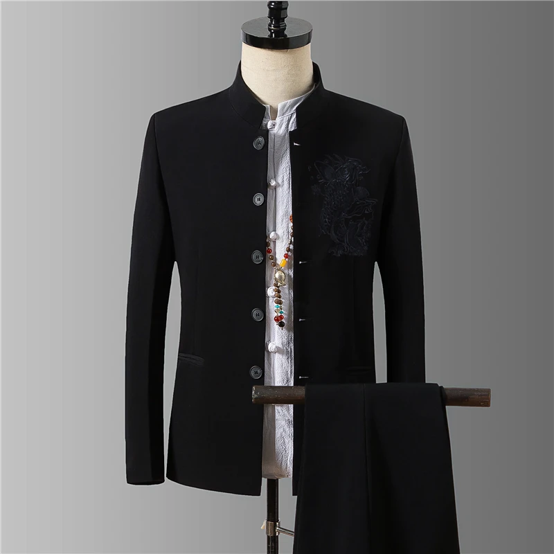 

2020 Men's Suit 2 Piece Set Fish Embroidery M-4XL Wedding Banquet Slim Fit Men Tunic Suit Jacket + Pants Can Be Sold Separately