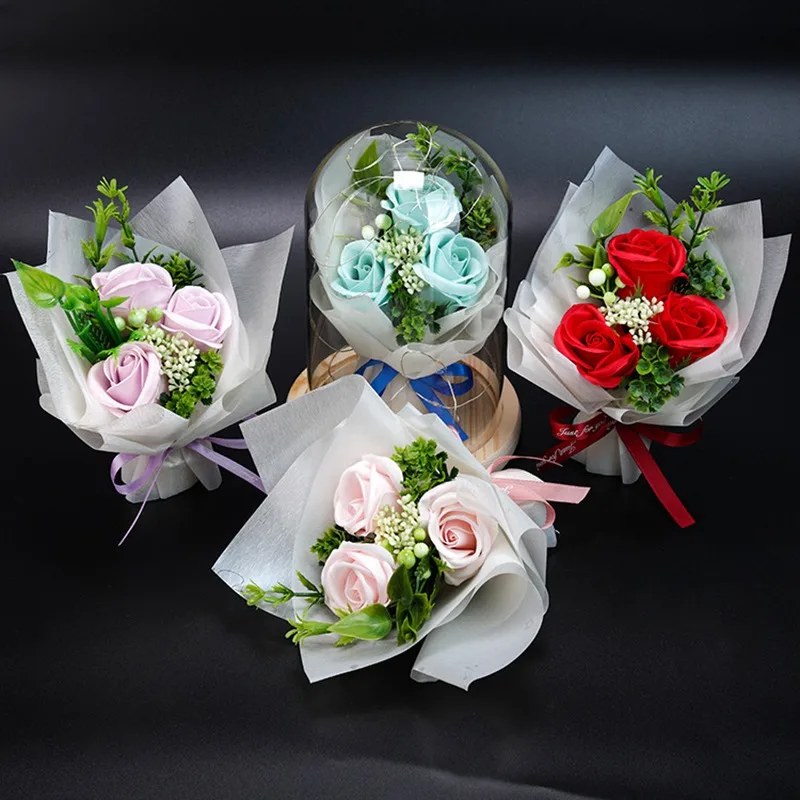 

Flower Bouquet LED Light Glass Dome Red Roses Birthday Valentine's Day Gift Soap Flower Best Perfect Romantic Surprise For Women