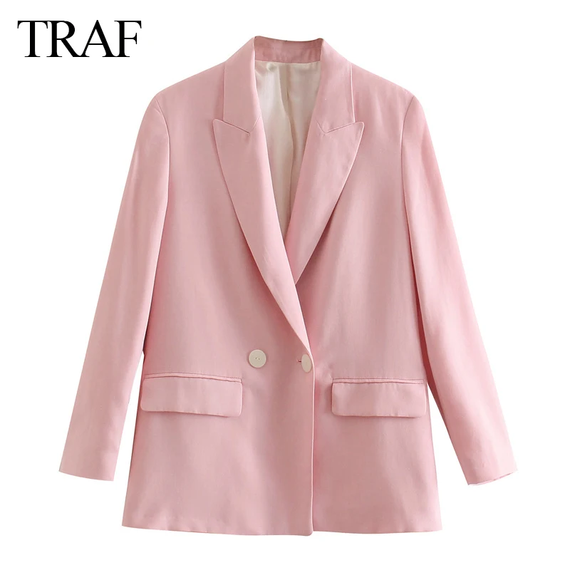 

TRAF Ladies Blazer Solid Color Ladies Straight Double-breasted Pocket Decoration Long-sleeved Office Daily Commuting Formal Wear