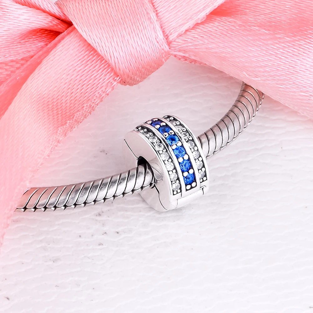 

Подвеска для ожерелья браслета со сверкающими синими бусинами-клипсами из серебра 100% пробы, бесплатная доставка