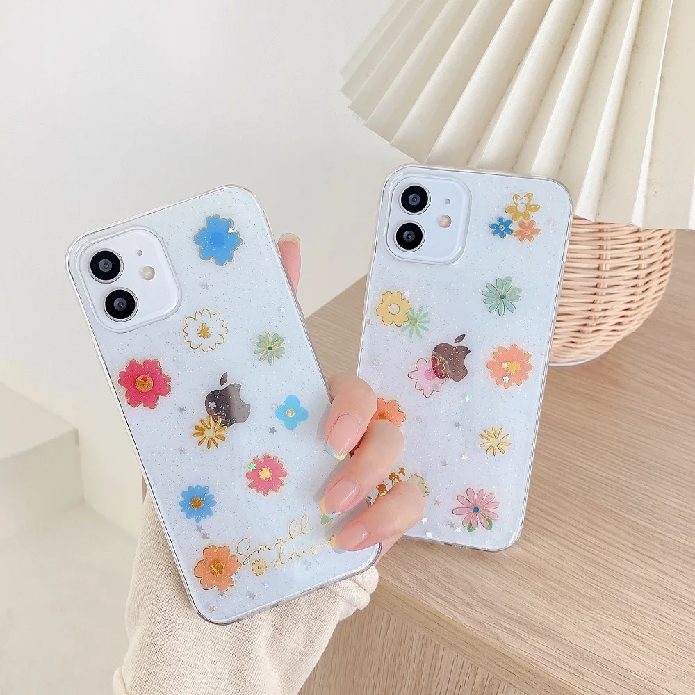 

Colorful Flowers Transparent Phone Case For iPhone 12 11 Pro Max 7 8 Plus X XS XR Max SE 2020 Beautiful Glitter Star Back Cover