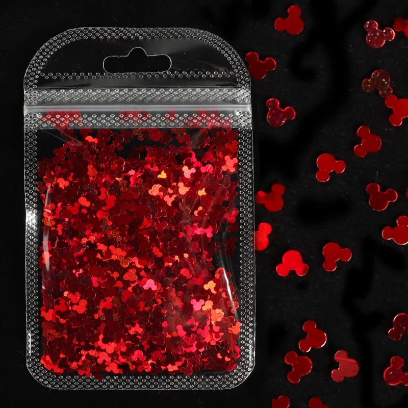 1 bolsa de arte hologr&aacute;fico para u&ntilde;as, lentejuelas brillantes, L&aacute;ser de dibujos animados, copos en forma de cabeza de rat&oacute;n, suministros de u&ntilde;as artesanales para accesorios profesionales-2
