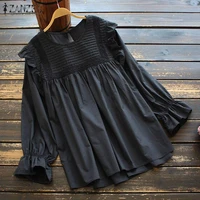 zanzea casual blouse women vintage long sleeve ruffles tops spring pleated shirt female loose solid blusa tunic chemise oversize