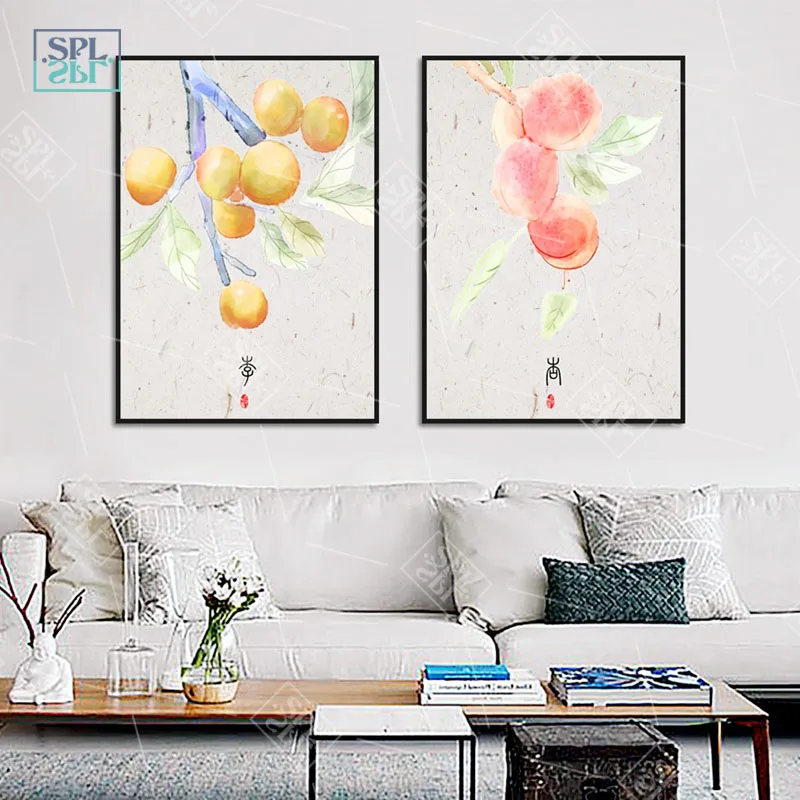 

Vintage Chinese Style Hand Drawn Canvas Ink Painting Peach Fruit Poster Modern Print Wall Art Picture for Living Room Home Decor