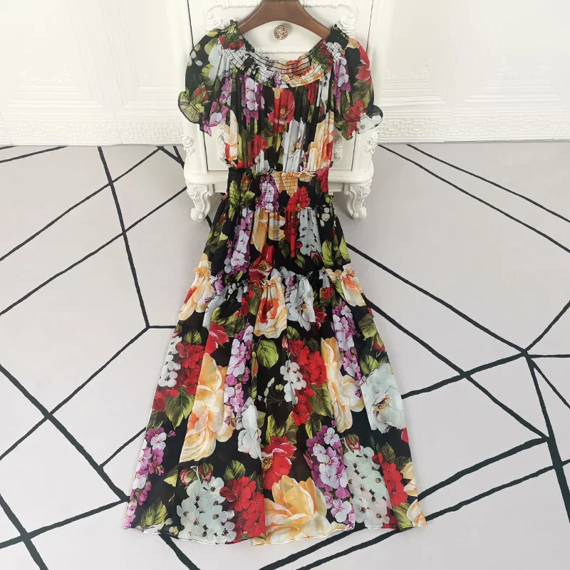 

Designer Summer New Women'S High Quality Party Elegant Flower Print Elastic Band Off Shoulder Holiday Casual Chiffon Midi Dress