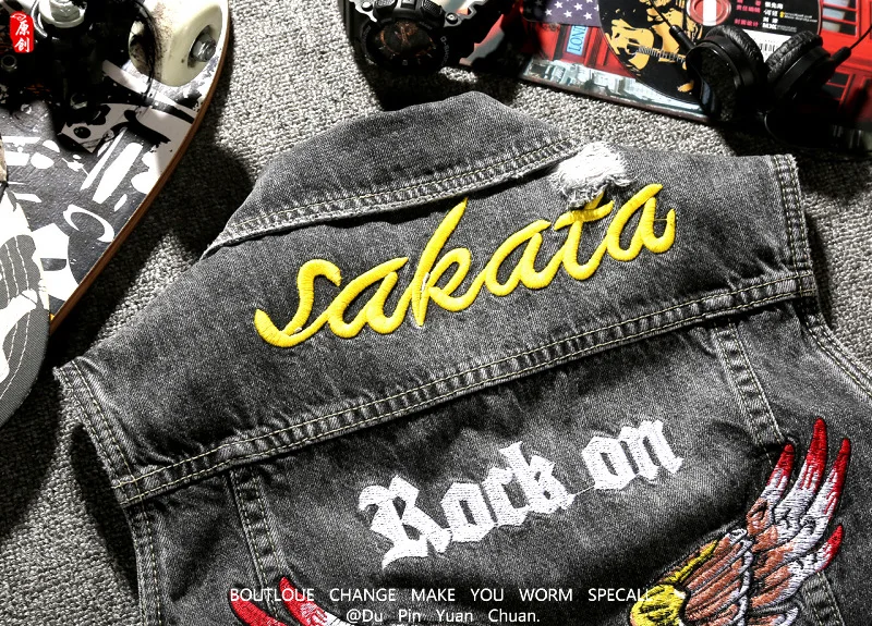 Куртка мужская джинсовая с вышивкой орла ковбойская майка без рукавов уличная