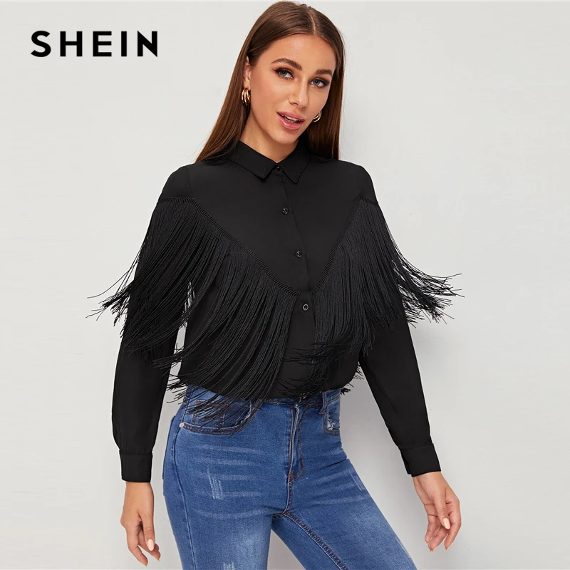 SHEIN женские рубашки с вышивкой и бахромой, женские топы, весенне-летняя белая блузка с длинным рукавом, Повседневная Однотонная рубашка