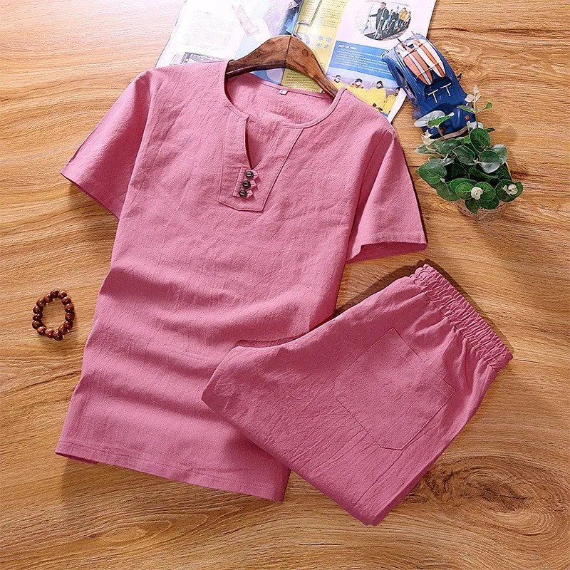 

New Arrival Summer Cotton Linen Thin Short Sleeve T-Shirt Fashion Plus Size M-5XL Two Piece Sets Shorts For Men