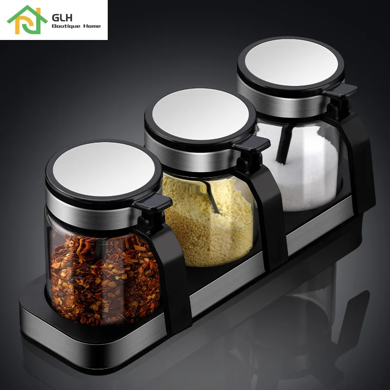 

High Temperature Resistant Glass Seasoning Pot Set With Base Seasoning Bottles Stainless Steel Seasoning Box