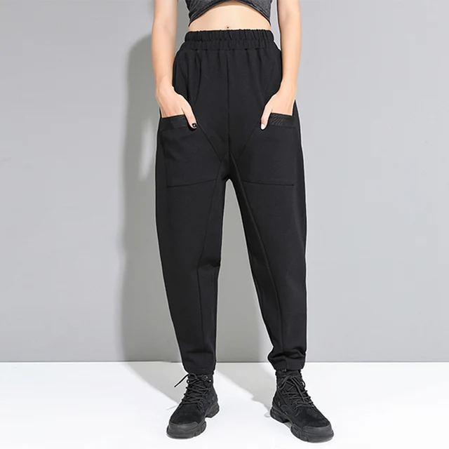 Брюки-султанки женские с высокой талией, повседневные свободные брюки с карманами, с поясом на резинке, модная уличная одежда, черные, весна-осень 2023
