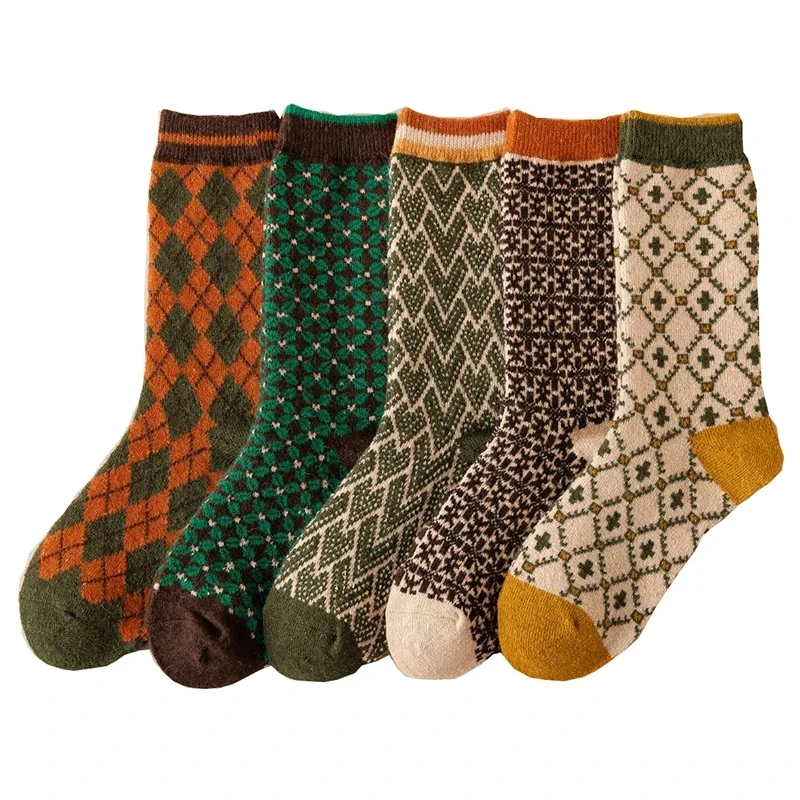 Long Wool Socks Women Korean Style Fashion Winter Cold Resistance Keep Warm Sock Thick Geometric Patterns Luxury Socken Calze