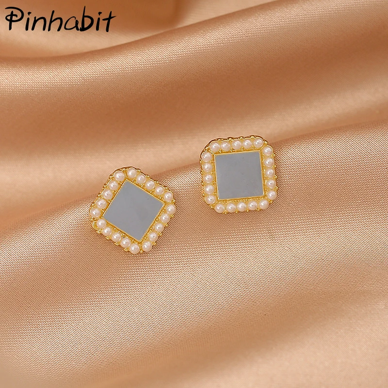 

Ins Square Vintage Pearl Stud Earrings Light Blue Phnom Penh Square Earrings Exquisite Woman Stud Earrings Gifts For Girl Friend