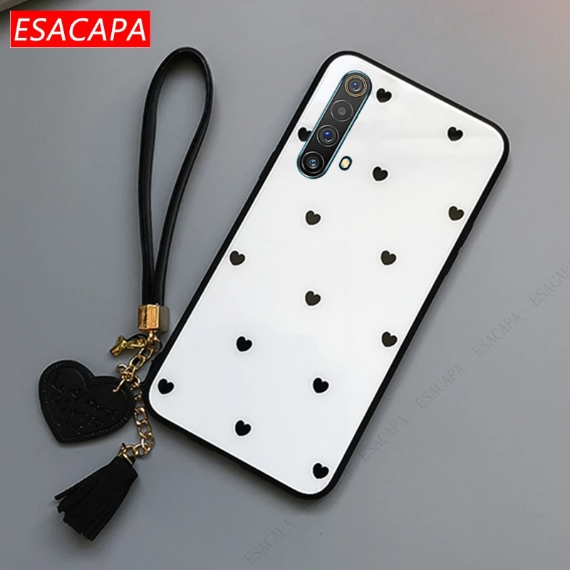 for oppo realme x50 7 pro x3 superzoom c12 phone case love tempered glass protection cover for oppo reno 5 4 3 pro with lanyard free global shipping