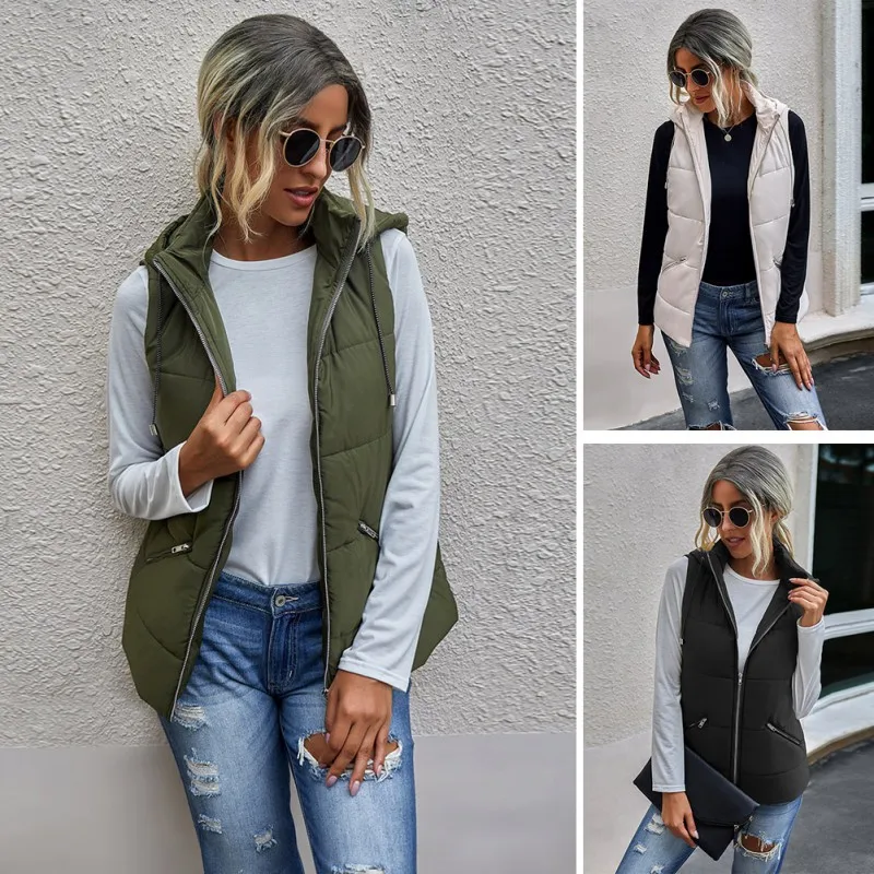 

Autumn Winter Women Slim Fit Vest Down Jacket Fashion Zipper Pocket Thick Hooded Down Coats Women's Vest Jacket