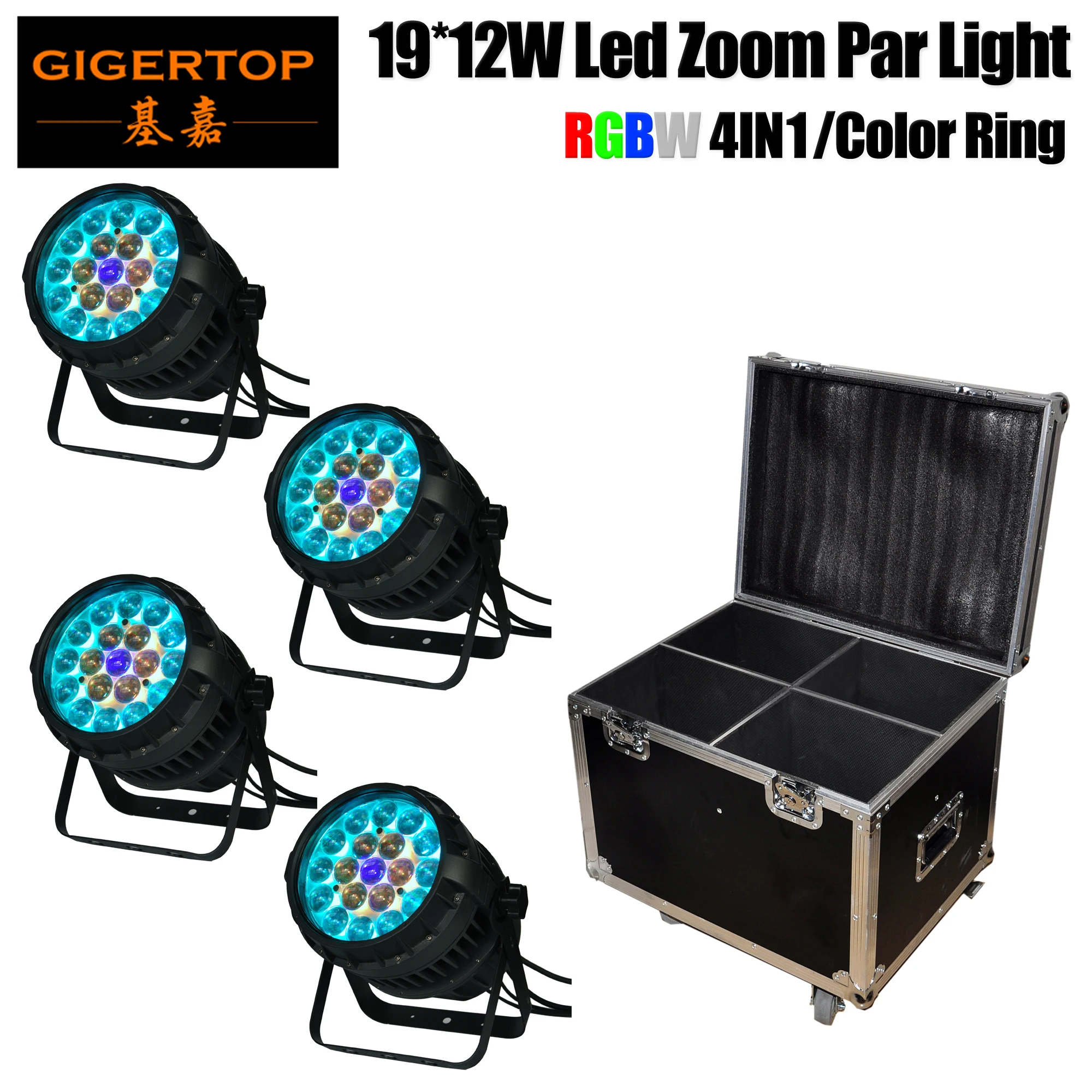 

4in1 Stackable Road Case Pack Waterproof Led Zoom Par Light RGBW 4IN1 Color Beam/Wash 2in1 Effect 10-50 Degree Zoom 19x12W Leds