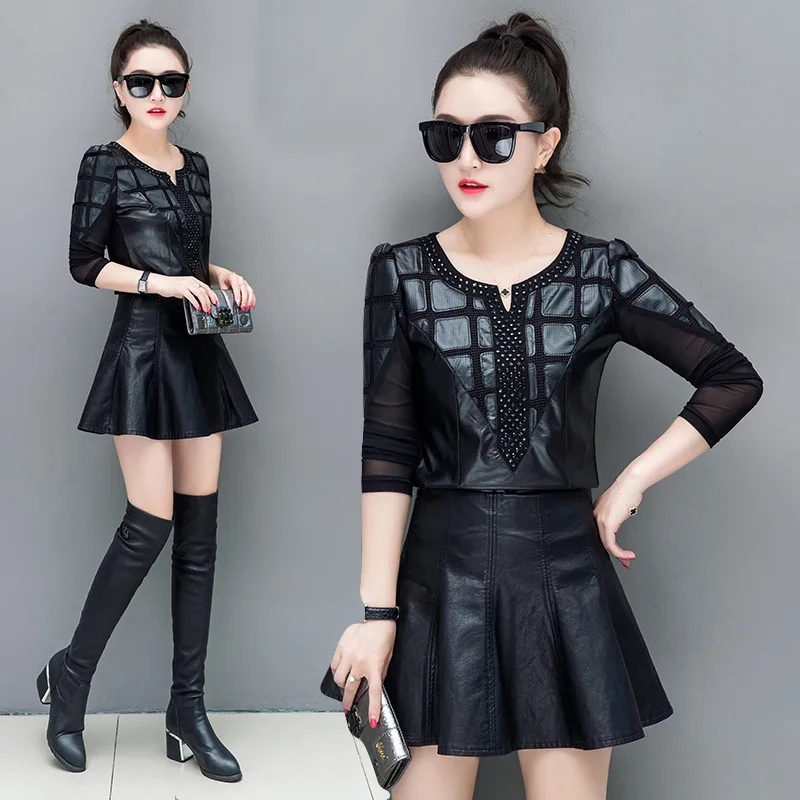 Women PU Leather Shirt Mesh Patchwork Black Tops Flower Diamonds Bottoming Long Sleeve Ladies Stitching Lace Base Wear