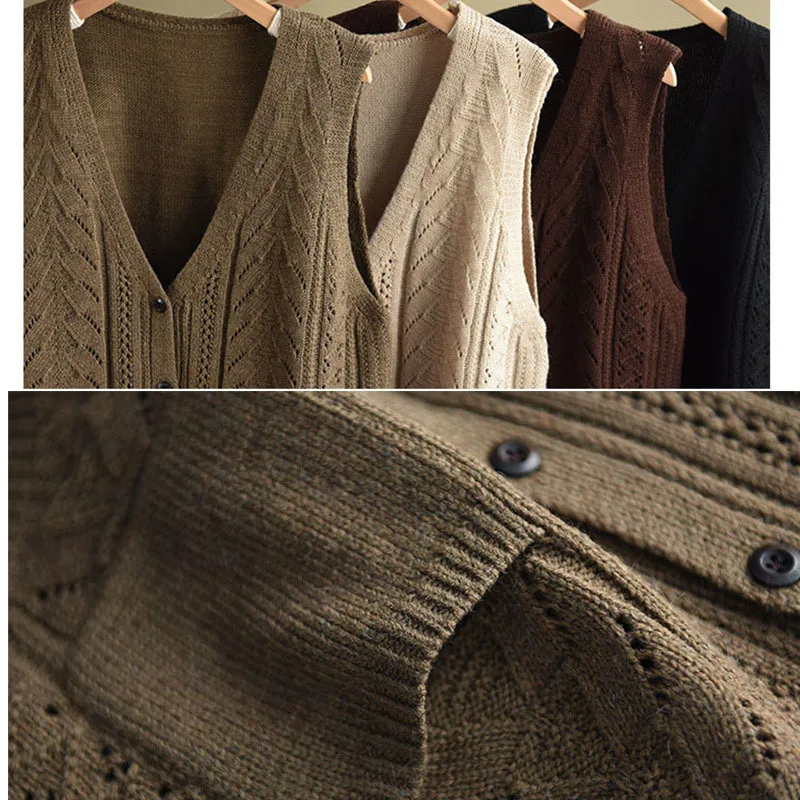 

NINI WONDERLAND 2021 Spring Hollow Knitted Cotton Sweater Vest Women V Neck Knit Cardigan Waistcoat Top Solid Casual Sweaters