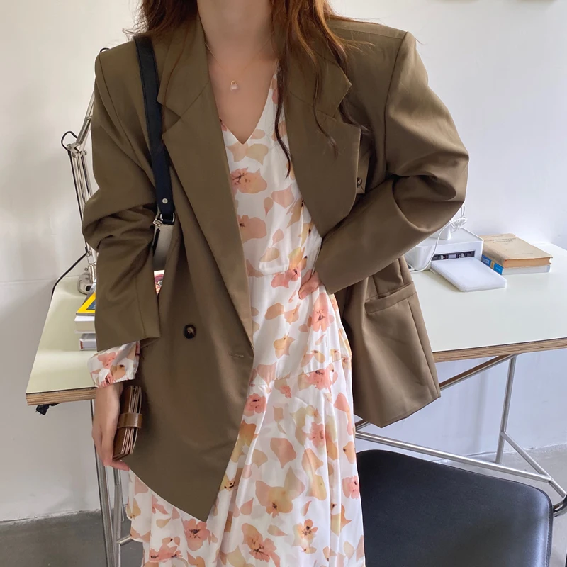 

Женский блейзер с английским воротником, свободный пиджак цвета хаки на одной пуговице, верхняя одежда, зима 2020, JK551