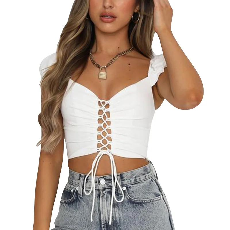 

New Sexy Woman Girl Solid Color Bandage Back Zipper T-shirt Crop Tops High Street Tee Summer Clothes