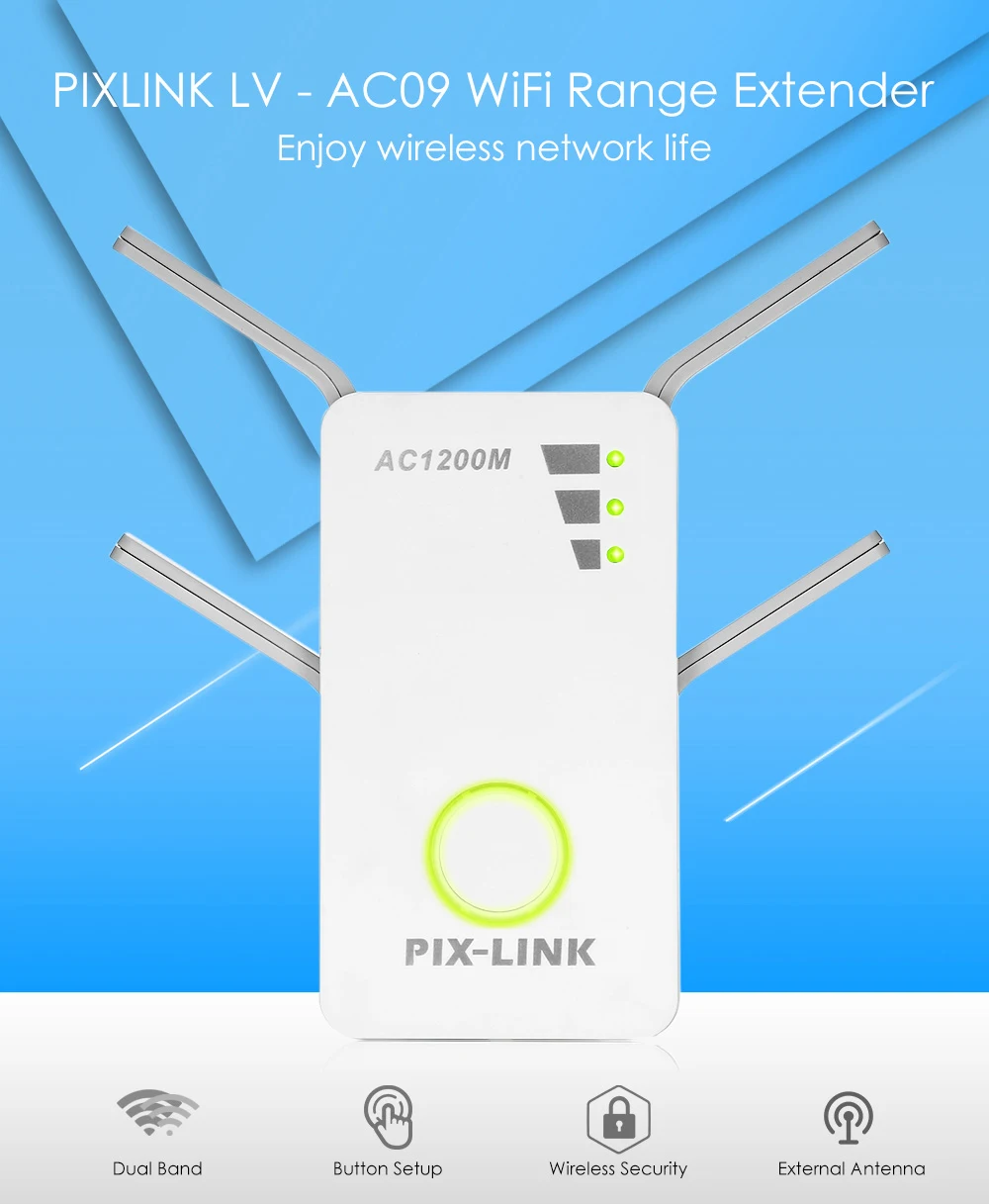 PIXLINK WiFi AC1200 роутер Wifi расширитель диапазона 1200 Мбит/с двухдиапазонный беспроводной Wi-Fi ретранслятор 2,4/5 ГГц 802.11AC 4 Внешние антенны